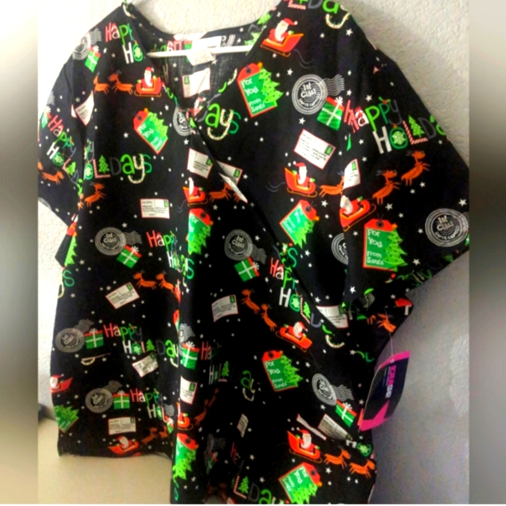 Women's Holiday Christmas Santas Letter Medical Office Uniform Scrub Top Costume